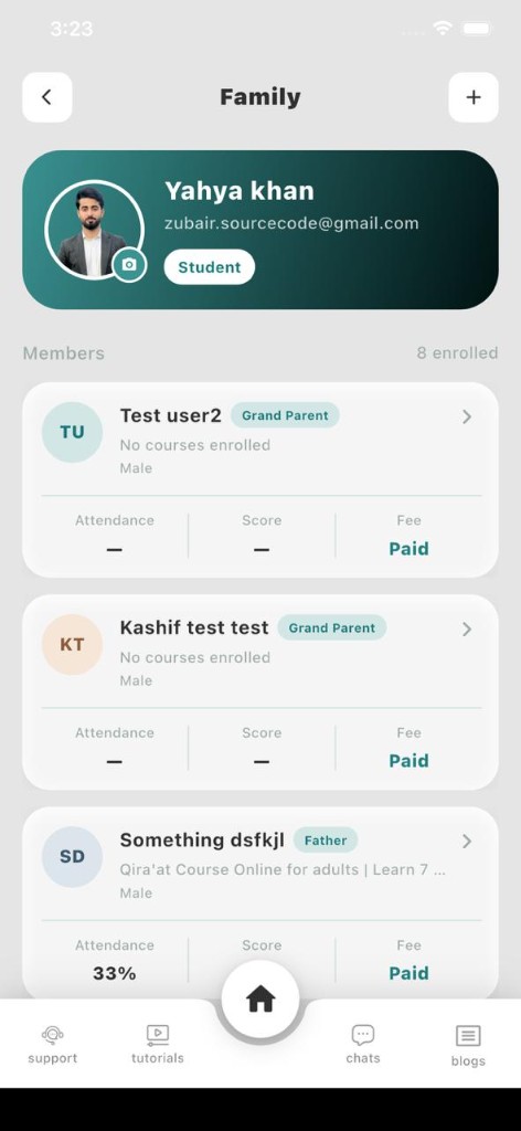 Friends & Family screen in the Source Code Academia app